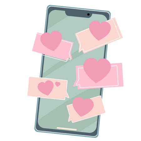 Smartphone with SMS correspondence and pink hearts. The concept of love messages and Valentine s Day. Online dating. Vector illustration in cartoon flat style.のイラスト素材