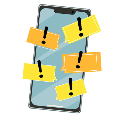 Smartphone with SMS correspondence and exclamation marks on a yellow background. Concept of problems at work or angry letters. Vector illustration in cartoon flat style.のイラスト素材