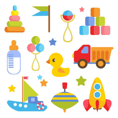 Set of children s attributes and items for the newborn. White isolated background. Toys, vehicles, a bottle of milk and more. Vector illustration in cartoon flat style. Cute printのイラスト素材