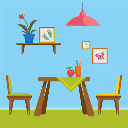 A set of furniture for the toddler s room. Room for drawing. Interior items such as a table, chair and chalk board with the inscription. Vector illustration in a flat style.のイラスト素材