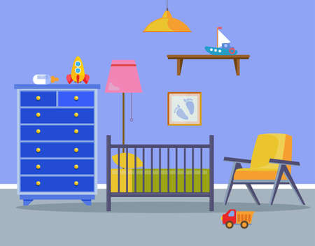 Children s room for a newborn baby. The interior is blue for a little boy with a cot, an armchair, a chest of drawers and toys. Vector illustration in cartoon style.のイラスト素材