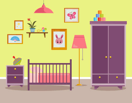 Children s room for a newborn baby. Pink interior for a little girl with a bed, chest of drawers and toys. Vector illustration in cartoon style.のイラスト素材