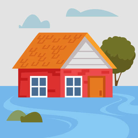 A sunken private brick house during a natural disaster and flood. The dwelling is flooded with water. Vector illustration in cartoon style. Cute printのイラスト素材