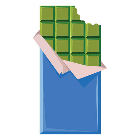 Drawing on a white isolated background. A bitten chocolate made of green motcha powder in a blue wrapper. The traditional sweetness of Asia and Japan. Vector illustration in cartoon flat style.のイラスト素材