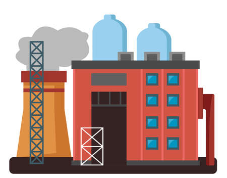Color factory or factory with buildings, pipes and metal toolboxes on a white isolated background. Vector illustration in cartoon flat style. Environmental pollution concept.のイラスト素材