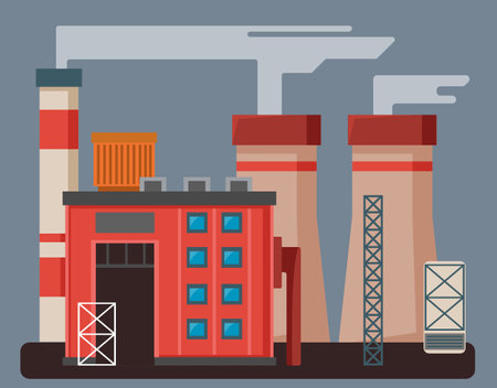 Color factory or factory with buildings, pipes and metal structures on a gray isolated background. Vector illustration in cartoon flat style. Environmental pollution concept.のイラスト素材
