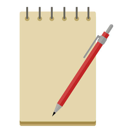 Notebook on springs with a blank white sheet and a pen or pencil. Clipart on a white isolated background. Vector illustration in cartoon flat style.のイラスト素材