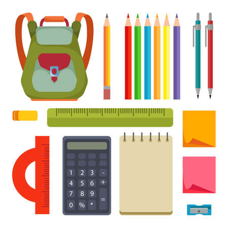A set of stationery tools for a schoolboy, accountant, student or architect. Backpack, pencils, pen, rulers, calculator, notepad on a white isolated background. Vector illustration in flat style.のイラスト素材