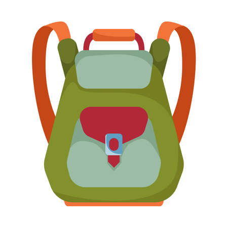 Green backpack for student, schoolchild or traveler. Clipart on a white isolated background. Vector illustration in cartoon flat style.のイラスト素材