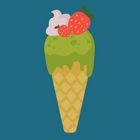 Ice cream green in a waffle cone decorated with strawberries made of match. Sweetness from ice on a blue isolated background. Vector illustration in cartoon flat style.のイラスト素材