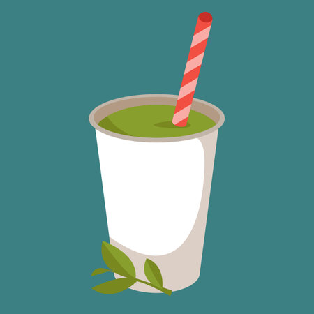 Green drink made from match. Smoothies in a white cardboard glass. Vector illustration in cartoon flat style. Cute printのイラスト素材