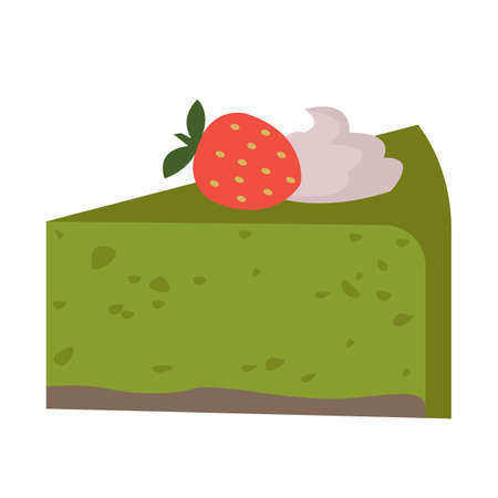 Green cake decorated with strawberries made of match. Sweet toppings on a white isolated background. Vector illustration in cartoon flat style.のイラスト素材