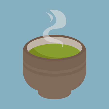 A hot drink made from a match. Smoothies in a ceramic cup on a blue isolated background. Vector illustration in cartoon flat style.のイラスト素材