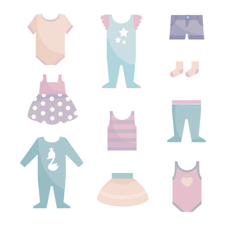 Set of baby clothes for newborn boys and girls on a white isolated background. Pastel shades. Vector illustration in cartoon style.のイラスト素材