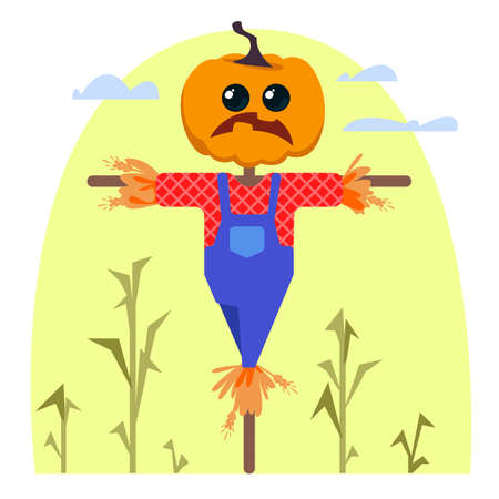 A scarecrow with a head instead of a pumpkin with a sad expression on his face stands in the middle of a field of corn on a white isolated background. Vector illustration in cartoon flat style.のイラスト素材