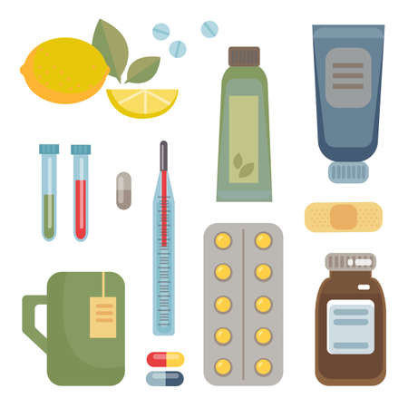 A set of medicines, tablets, potions, vitamins, balls, and ways to fight colds and diseases. Vector illustration in cartoon flat style.のイラスト素材