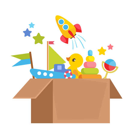 Set of different children s toys in a cardboard box. Order from the online baby store. Vector illustration in cartoon flat style.のイラスト素材