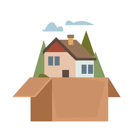 House in a cardboard box. The concept of buying or selling a home with a realtor or moving to another place of residence. Vector illustration in cartoon flat style.のイラスト素材