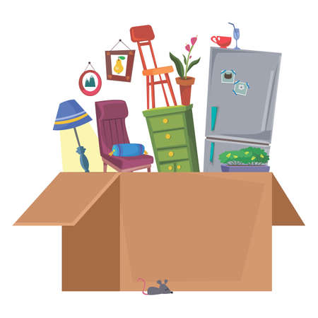 Children s toys for toddlers in a cardboard box. Logo store for newborns. Vector illustration in cartoon flat style.のイラスト素材