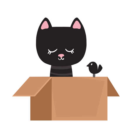 Black funny tabby cat is sitting in a box with a bird. Vector illustration in cartoon flat style.のイラスト素材