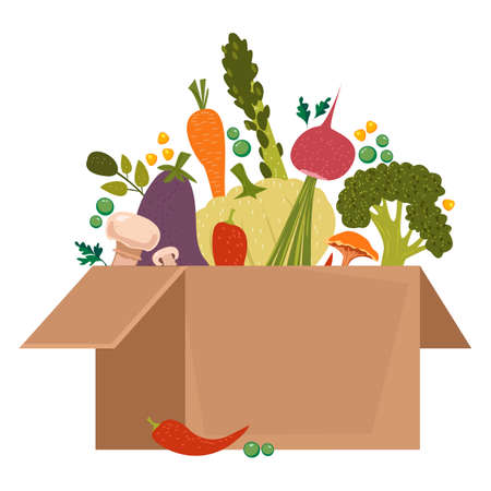 Vegetables for vegetarians and lovers of a healthy lifestyle in a cardboard box. Order from the online eco product store. Vector illustration in cartoon flat style.のイラスト素材