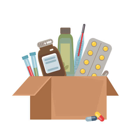 Open cardboard box package with a set of drugs inside. Vector illustration in cartoon flat style.のイラスト素材