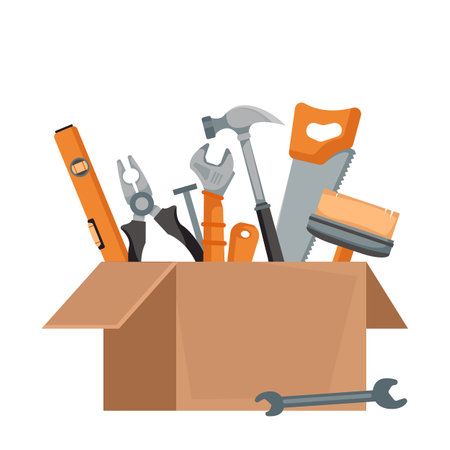 An open cardboard box in a package with a set of tools of a builder and a house painter inside. Vector illustration in cartoon flat style.のイラスト素材