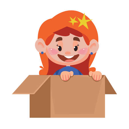 Open cardboard box package with a cute redhead little newborn baby girl inside. Vector illustration in cartoon flat style.のイラスト素材