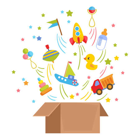 Open cardboard box package with a set of children s toys inside. Transport maninka, boat, rocket, inflatable duck and rattles fly out of the box. Vector illustration in cartoon flat style.のイラスト素材