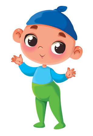 Fashionable cute newborn toddler boy stands. Outfit of sliders, body and hats. Illustration in cartoon style. Cute printの写真素材