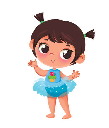 Girl baby cute little dark-haired Asian newborn in a blue swimsuit with a transparent skirt. Early development of the baby in the pool and learning to swim. Illustration in cartoon style.の写真素材