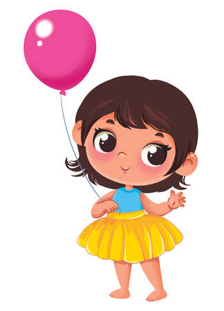 A little girl a newborn brunette stands in an elegant holiday dress and holds a pink balloon in his hand. Cute childish illustration in cartoon style. Cute printの写真素材