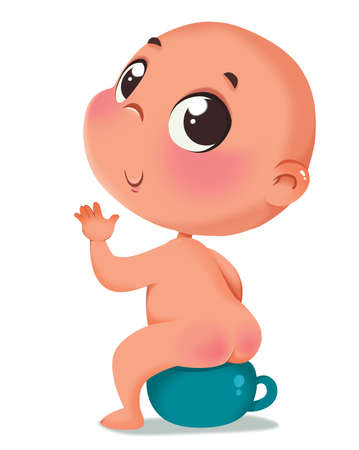 Cute newborn naked toddler sitting on a night pot. Accustoming to the toilet. Children's illustration in cartoon style.の写真素材