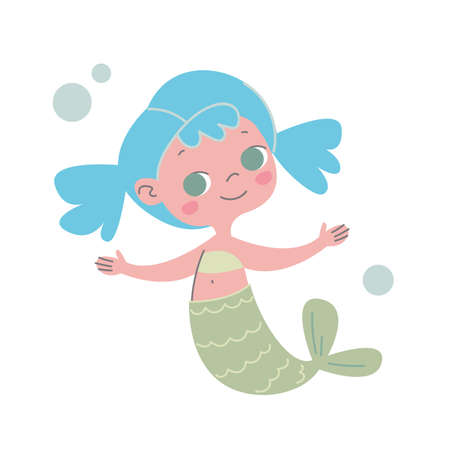 Cute mermaid with blue hair and a fish tail in a yellow top. Vector illustration in cartoon children s style. Hello summer Baby print for girls. Pastel color. Funny character artのイラスト素材