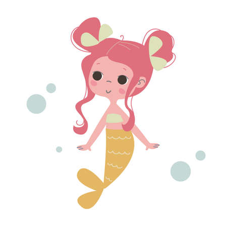 Cute mermaid with red hair and a fish tail in a yellow top. Vector illustration in cartoon children s style. Hello summer Baby print for anime girl. Pastel color. Funny character artのイラスト素材