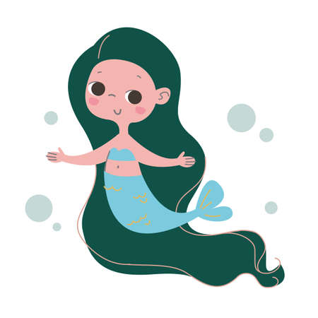 Cute mermaid with green long hair and a fishy blue tail. Vector illustration in cartoon children s style. Baby print for girls. Funny character artのイラスト素材