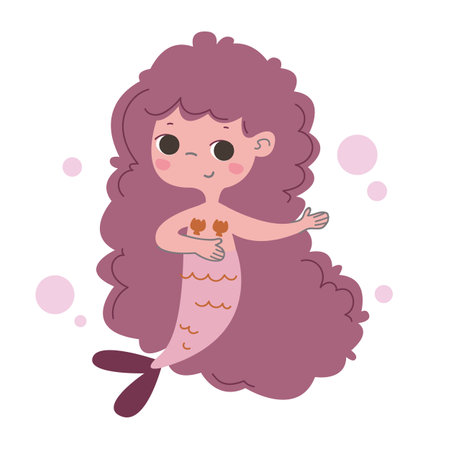 A cute little mermaid with pink curls. Delicate pastel color. Vector illustration in cartoon children s style. Baby print for girls. Funny character artのイラスト素材