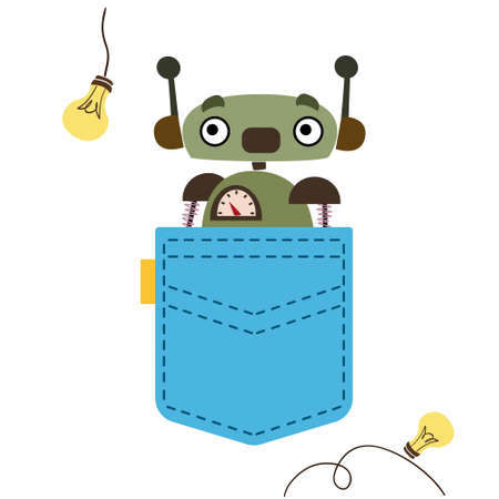 A green robot looks out of a blue pocket. Vector illustration in cartoon children s style. Isolated funny clipart on a white background. Cute print for boyのイラスト素材