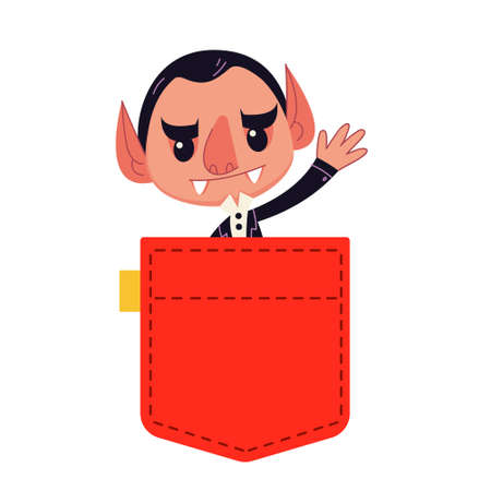 Vampire Dracula looks out of a red pocket. Vector illustration in cartoon children s style. Isolated funny clipart on a white background. Cute print for a boy isolate. Halloweenのイラスト素材