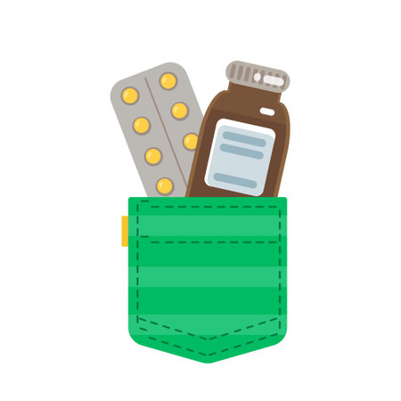 Medicines inside a green pocket. Pills and tablets. The era of coronavirus, covid-19. Vector illustration in cartoon children s style. Isolated bright clipart on a white background. Cheerful printのイラスト素材