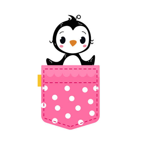 A baby penguin looks out of a pink pocket with polka dots with lace. Vector illustration in cartoon children s style. Isolated funny clipart on a white background. Cute printのイラスト素材