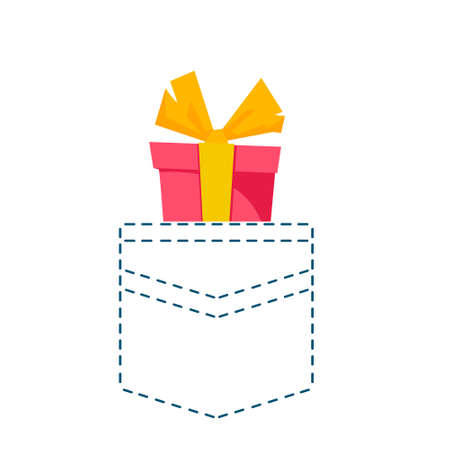 A gift in a red box looks out of a pocket with a dotted line. Vector illustration in cartoon children s style. Isolated funny clipart on a white background. Cute printのイラスト素材