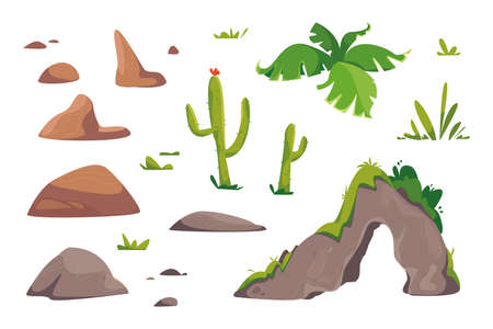 Set Natural features of the desert. Stone, rock, cactus, grass, bush, palm. Vector illustration in cartoon children s style. Isolated funny clipart on a white background. Cute printのイラスト素材