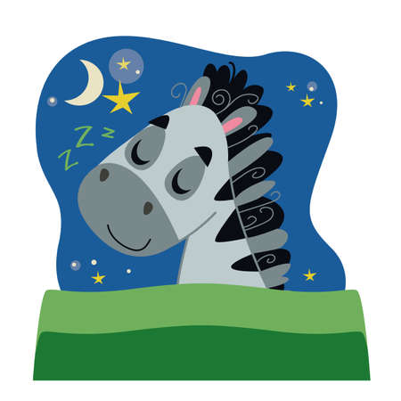 A cute Zebra horse sleeps under a green blanket. Vector illustration in cartoon style for children. Isolated funny clipart Baby on white backgroundのイラスト素材
