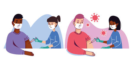 A nurse injects a male patient with covid-19 with a syringe. Coronavirus vaccine. Set of man and woman in the clinic. Vector illustration in flat style. Isolated clipart white background. Pandemicのイラスト素材