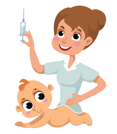 Vaccination of newborn babies during the covid-19 coronavirus pandemic. The nurse injects the baby with a syringe in the ass. Vector illustration in cartoon style. Isolated clipart.のイラスト素材