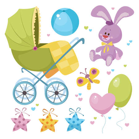 A children s set of things for toddlers. Stroller, toys, balls, etc for a kids birthday. Vector on white background in flat style.のイラスト素材
