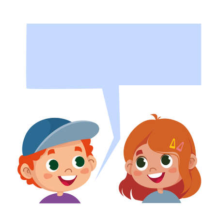 Children talk. Children heads and cloud for text. Cartoon characters are talking. The boy and the girl are redheads. brother and sister. Vector illustration in cartoon baby style. Isolated clipartのイラスト素材