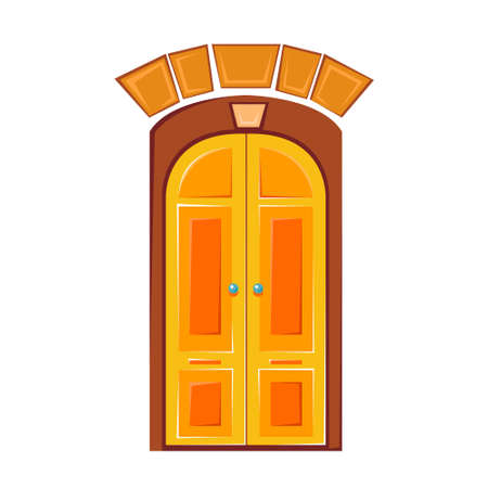 Beautiful yellow wooden door. Vector illustration in cartoon children s style. Isolated funny clipart on a white background. Part of the interiorのイラスト素材