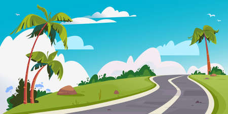 Vector winding road surrounded by palm trees. Background with beautiful white clouds. Cartoon track for cars. Isolated on white background beautiful realisticのイラスト素材